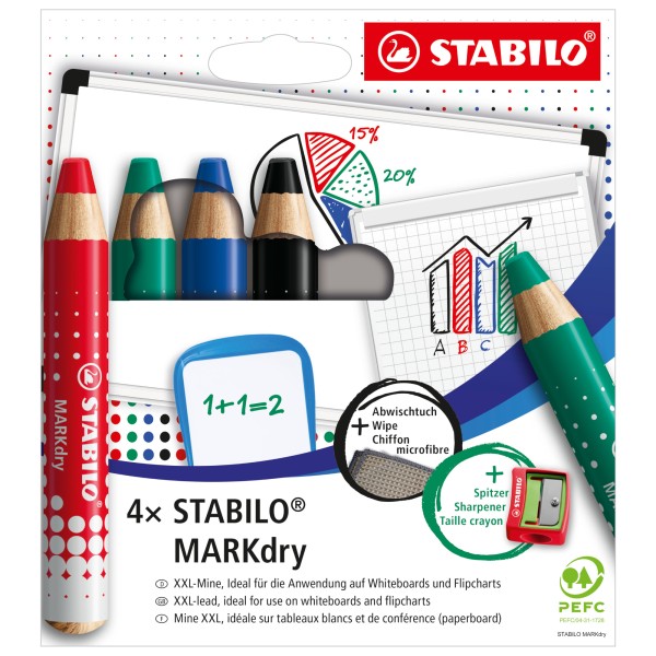 STABILO Whiteboardmarker MARKdry 648/4 sort. 4St. +Spitzer +Tuch