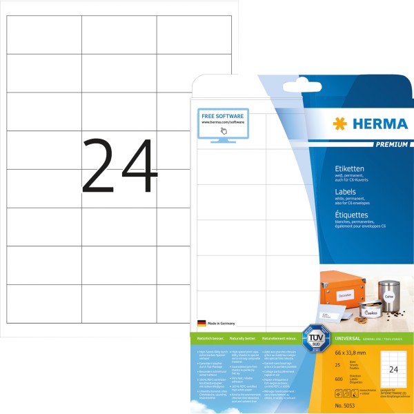 HERMA Etikett PREMIUM 5053 66x33,8mm weiß 600 St./Pack.