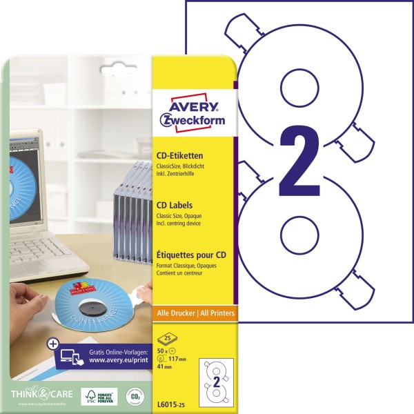 Avery Zweckform CD/DVD-Etikett L6015-25 matt weiß 50 St./Pack.