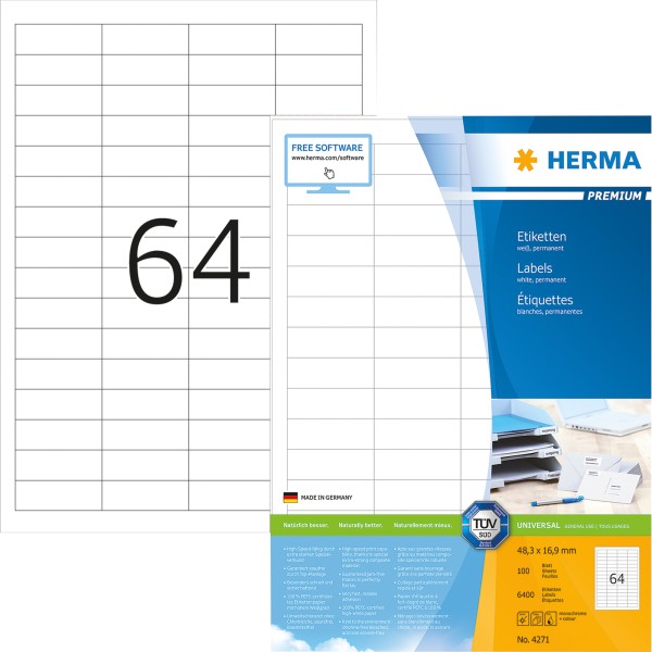 HERMA Etikett PREMIUM 4271 48,3x16,9mm weiß 6.400 St./Pack.